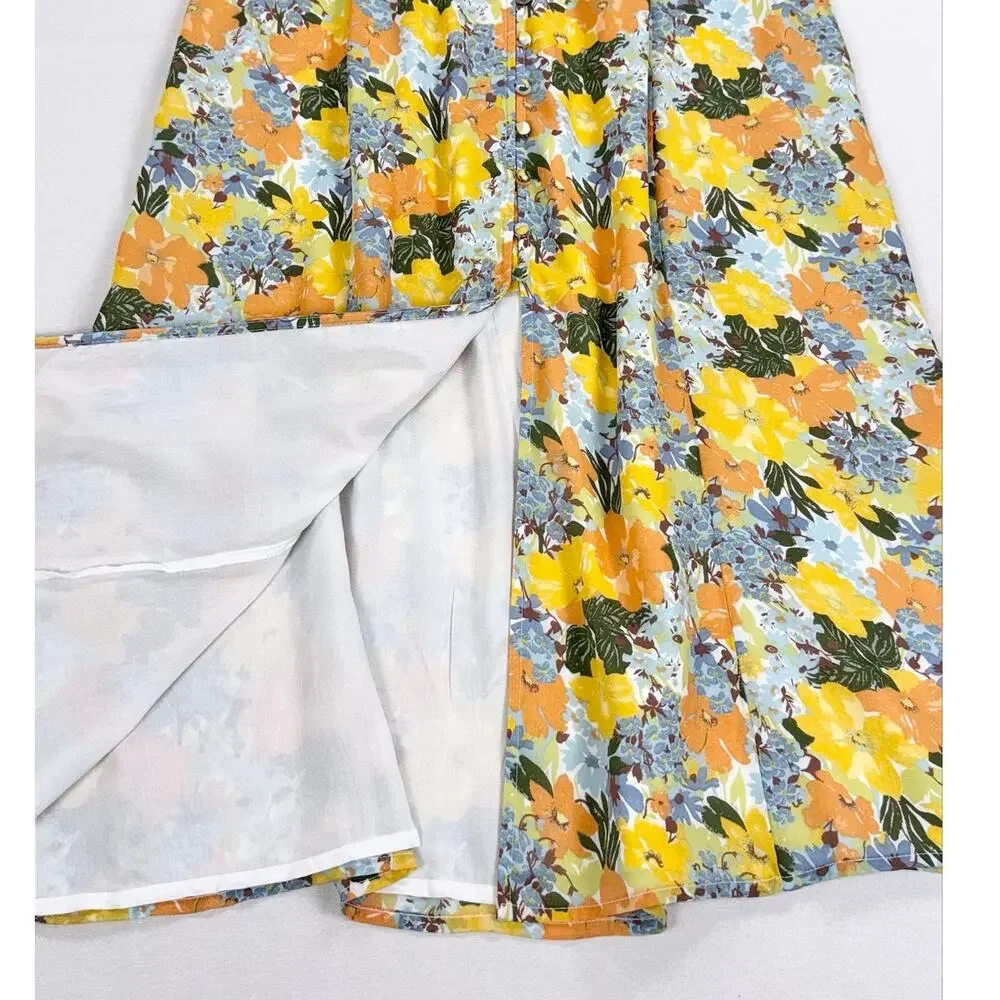 Abercrombie & Fitch Floral Gathered Front Midi Dress Women's Large Yellow - Picture 11 of 16